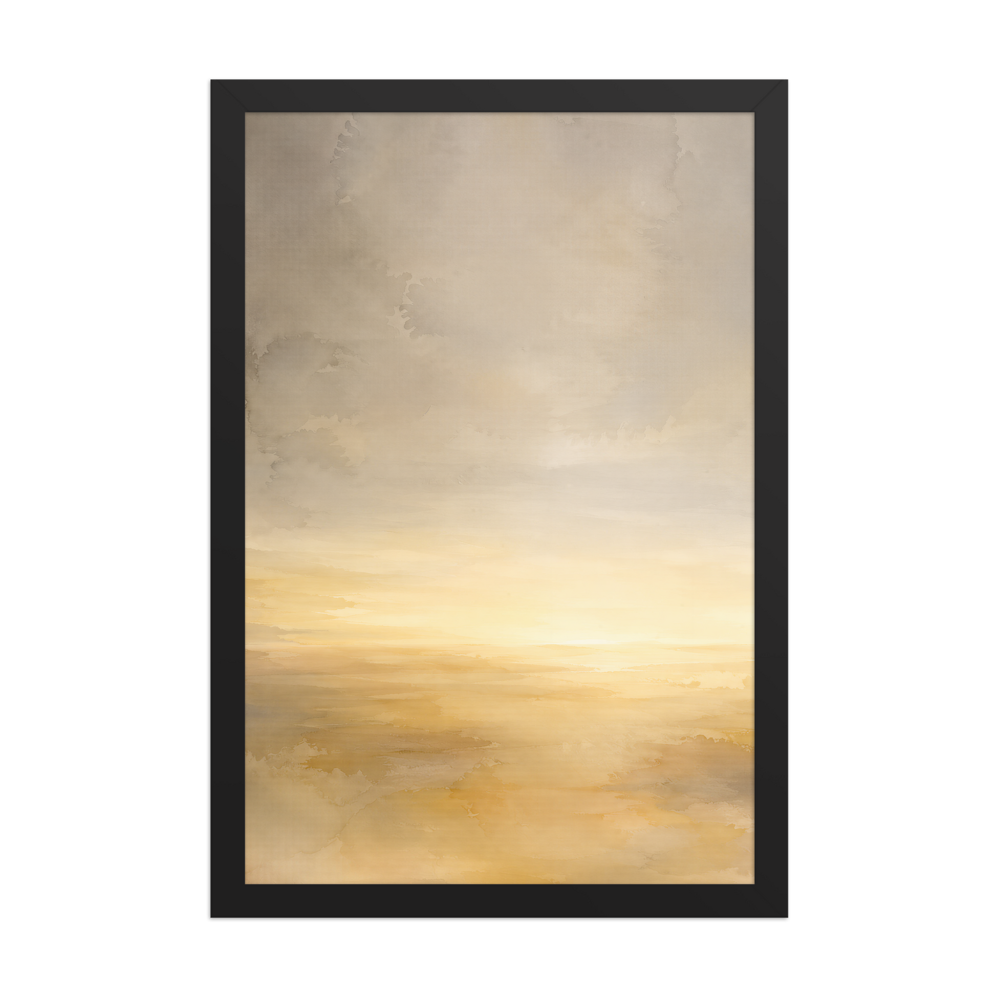 Framed sunrise poster featuring a glowing ocean horizon with soft watercolor textures in warm gold, ivory, and neutral tones.