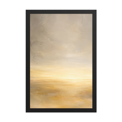 Framed sunrise poster featuring a glowing ocean horizon with soft watercolor textures in warm gold, ivory, and neutral tones.