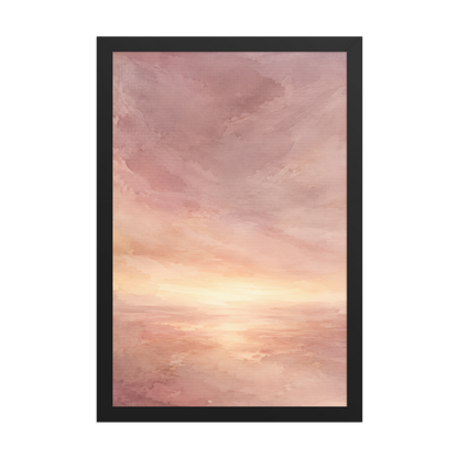 Framed sunrise poster with a glowing blush ocean horizon and soft watercolor textures in pink, peach, and warm neutral tones.