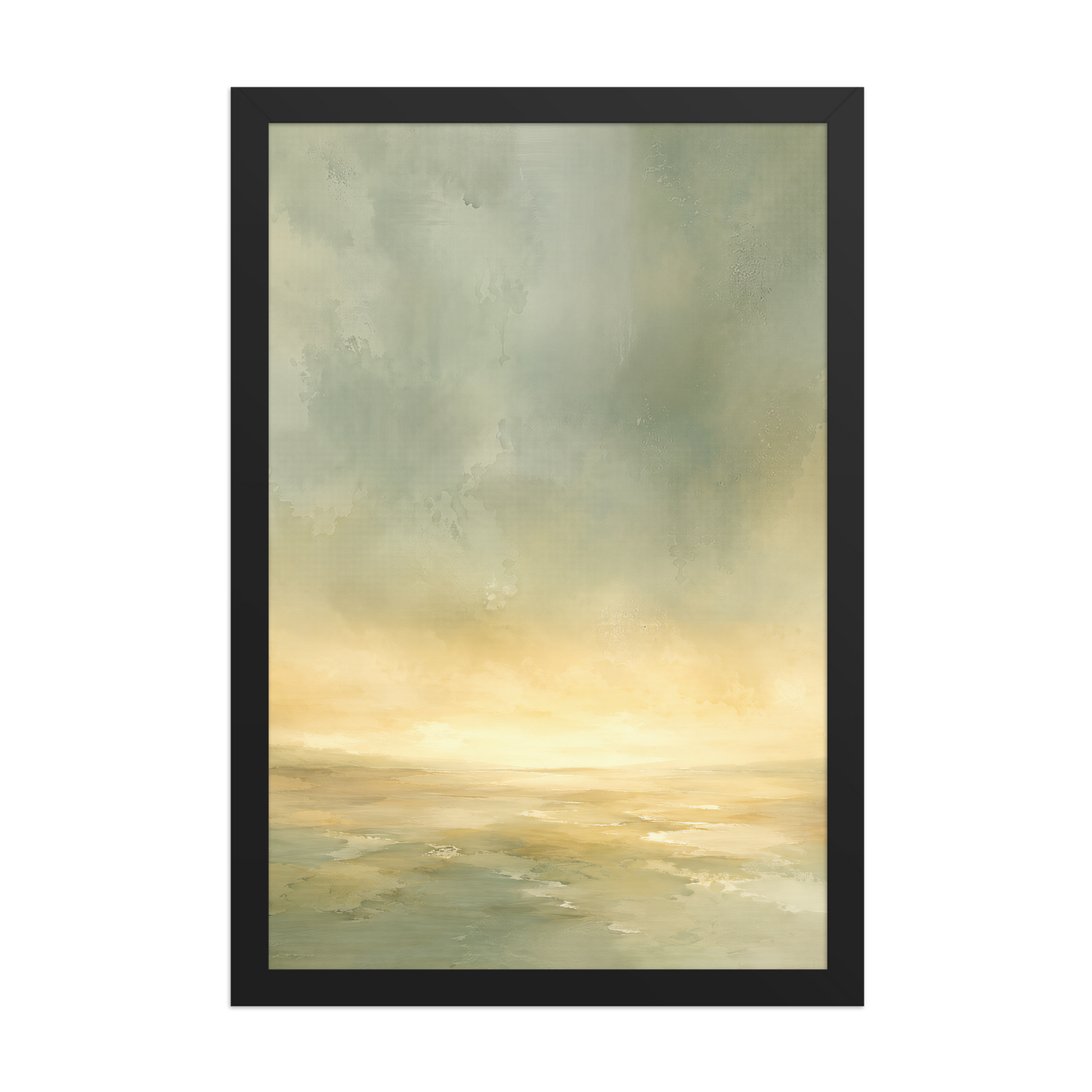 Framed sunrise poster featuring a glowing ocean horizon with soft sage green, warm gold, and watercolor textures.