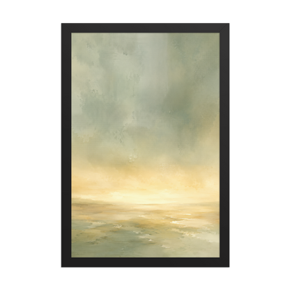 Framed sunrise poster featuring a glowing ocean horizon with soft sage green, warm gold, and watercolor textures.