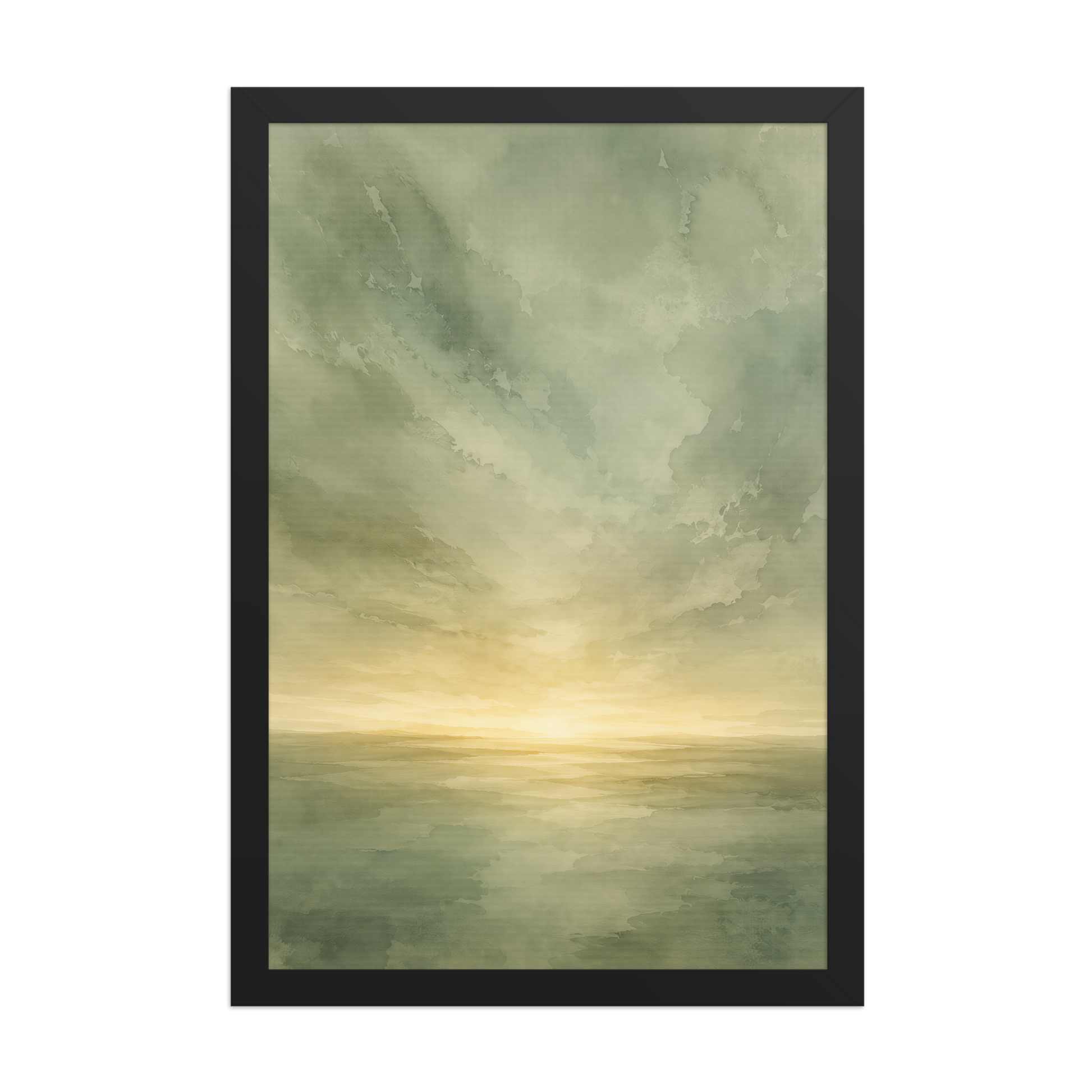Framed sunrise poster featuring a glowing ocean horizon with soft sage green watercolor textures and warm golden light.