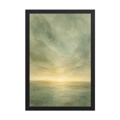 Framed sunrise poster featuring a glowing ocean horizon with soft sage green watercolor textures and warm golden light.