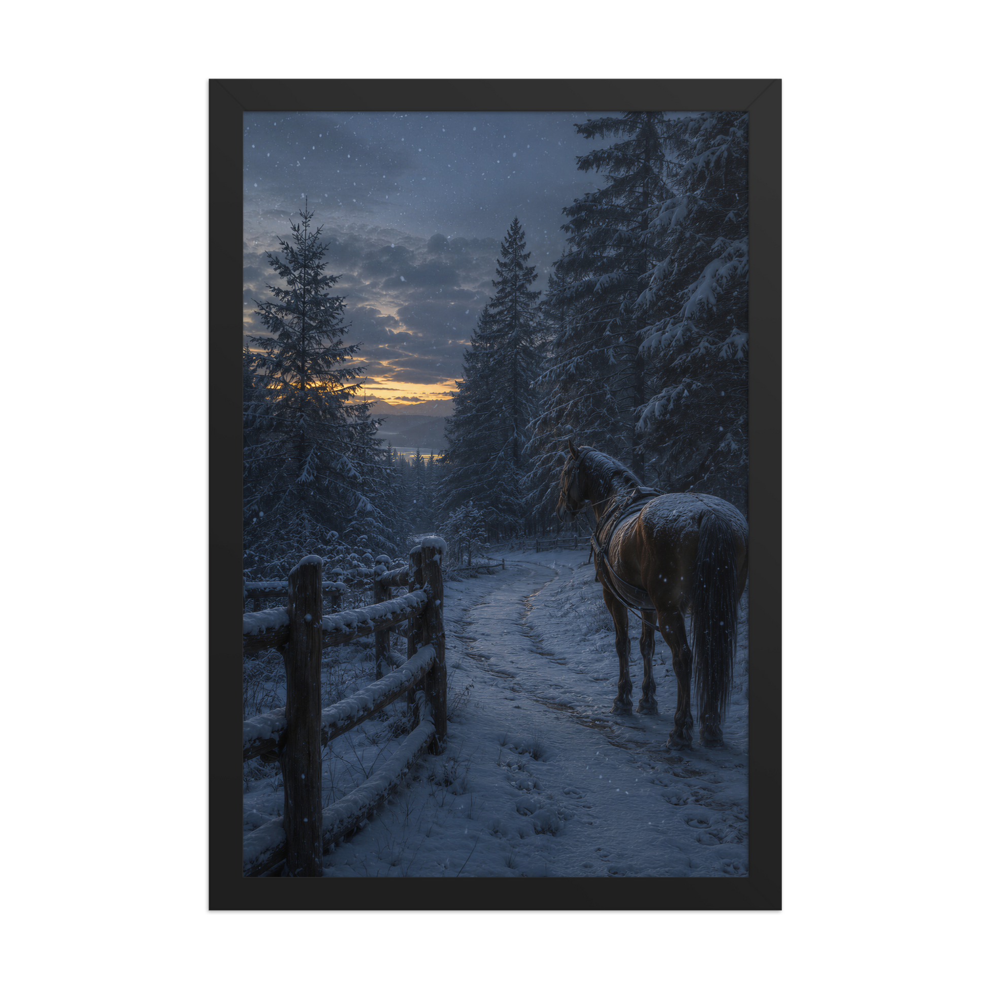 Framed winter forest poster featuring a lone horse on a snowy woodland path at twilight, inspired by Robert Frost's Miles to go, original Visual Poetry artwork.