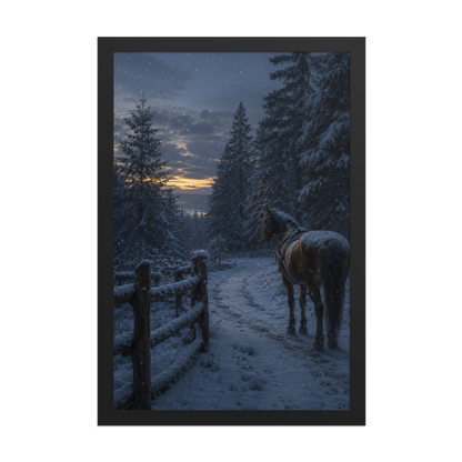 Framed winter forest poster featuring a lone horse on a snowy woodland path at twilight, inspired by Robert Frost's Miles to go, original Visual Poetry artwork.