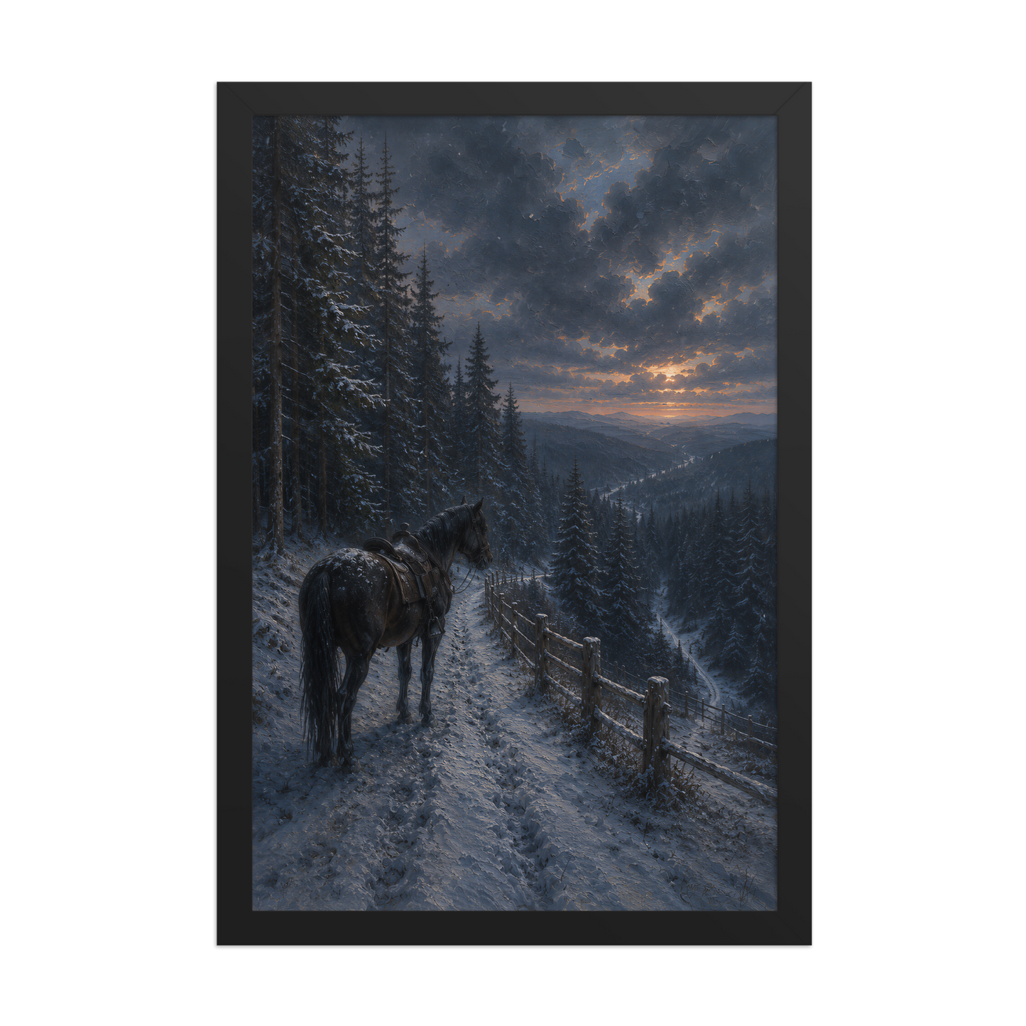 Framed mountain trail poster featuring a lone horse overlooking a snowy valley at winter sunset, inspired by Robert Frost's The Road Not Taken, original Visual Poetry artwork.