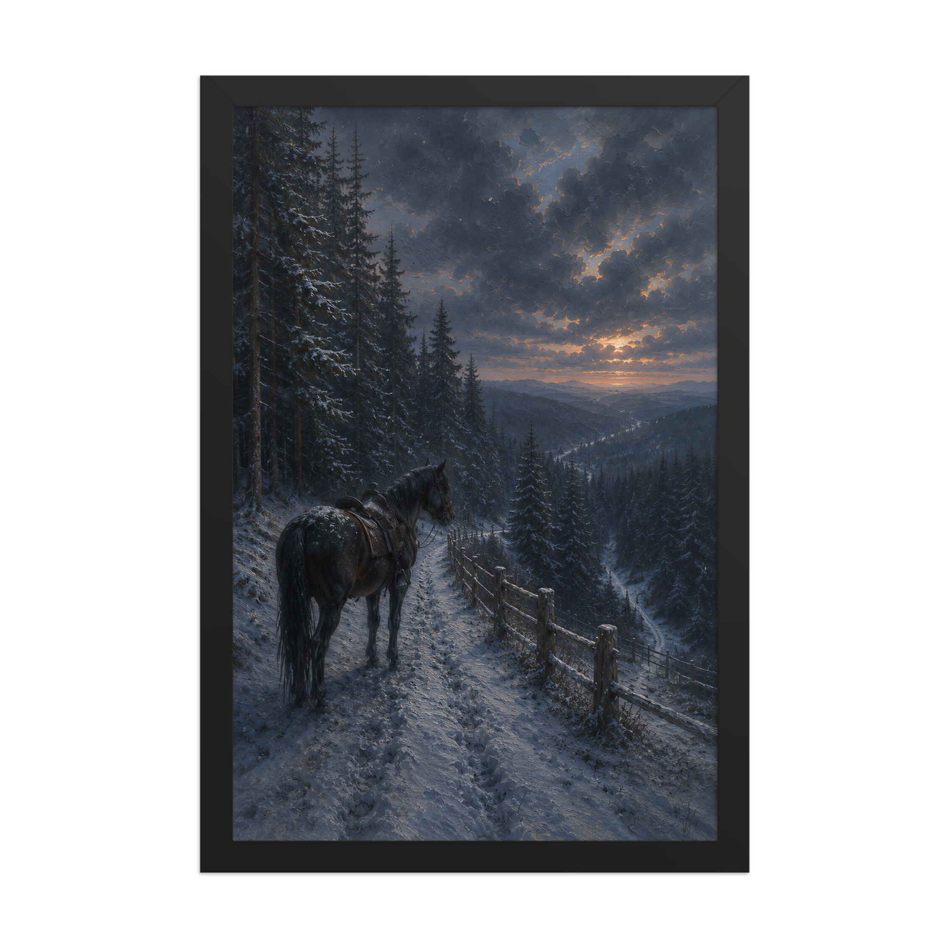 Framed mountain trail poster featuring a lone horse overlooking a snowy valley at winter sunset, inspired by Robert Frost's The Road Not Taken, original Visual Poetry artwork.