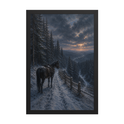 Framed mountain trail poster featuring a lone horse overlooking a snowy valley at winter sunset, inspired by Robert Frost's The Road Not Taken, original Visual Poetry artwork.