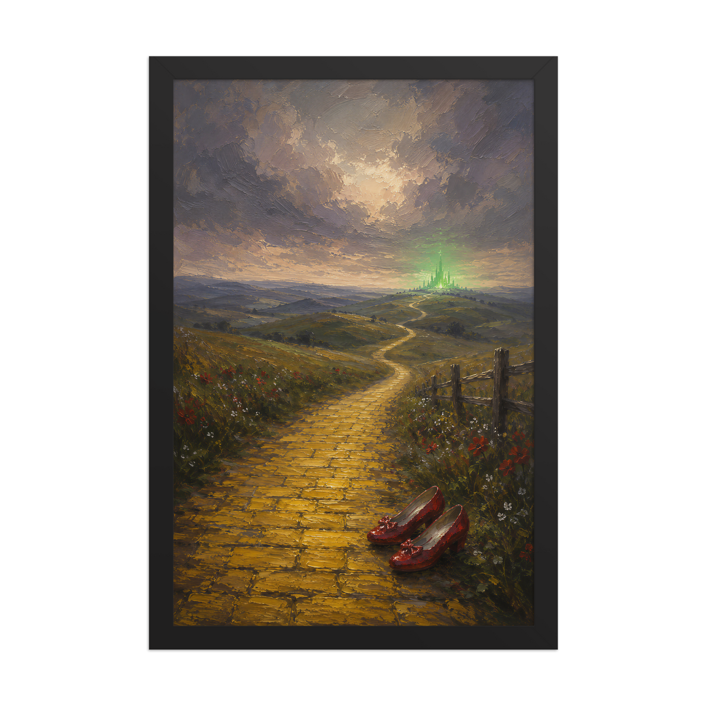 Framed Yellow Brick Road poster featuring ruby slippers beside a winding golden path leading toward a distant emerald city, inspired by There's No Place Like Home, original Visual Poetry artwork.