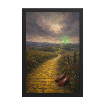 Framed Yellow Brick Road poster featuring ruby slippers beside a winding golden path leading toward a distant emerald city, inspired by There's No Place Like Home, original Visual Poetry artwork.