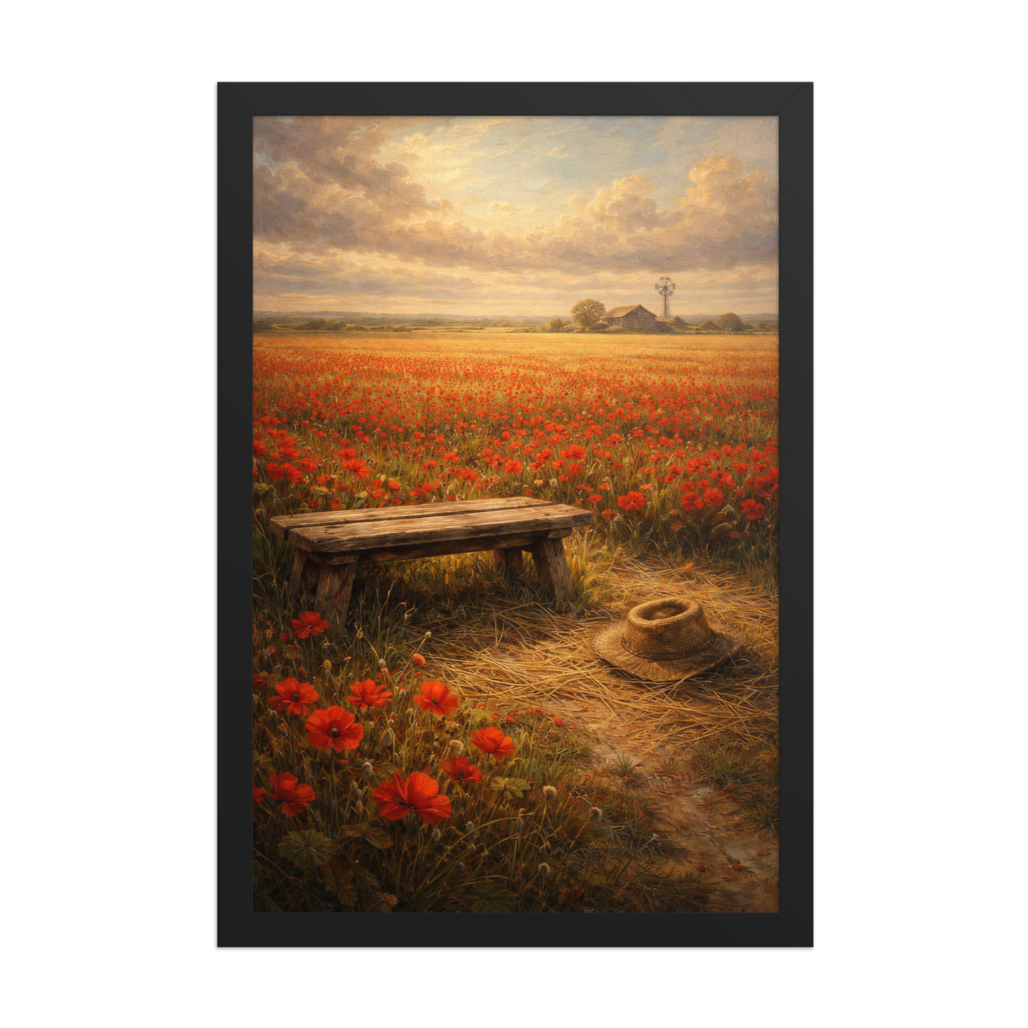 Framed Poppy Field poster featuring a rustic bench, straw hat, and a vast field of red poppies beneath a glowing countryside sky, inspired by The Deadly Poppy Field, original Visual Poetry artwork.