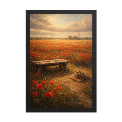 Framed Poppy Field poster featuring a rustic bench, straw hat, and a vast field of red poppies beneath a glowing countryside sky, inspired by The Deadly Poppy Field, original Visual Poetry artwork.