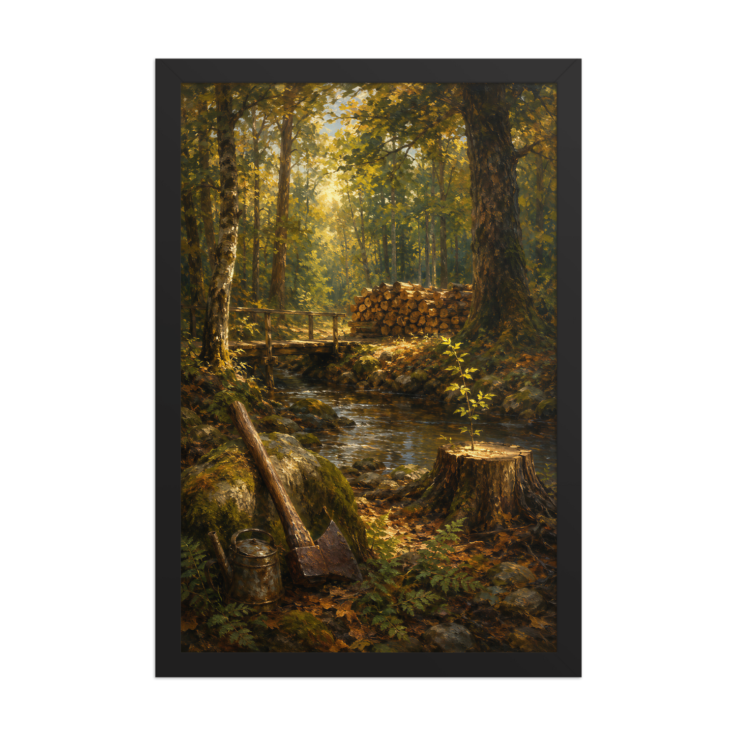 Framed Forest Clearing poster featuring a woodland stream, rustic bridge, axe, stacked firewood, and a young sapling growing from a tree stump, inspired by Follow the Yellow Brick Road, original Visual Poetry artwork.