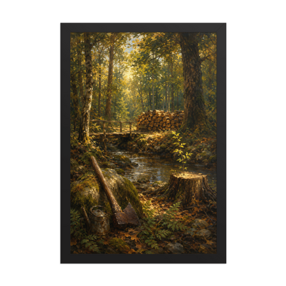 Framed Forest Clearing poster featuring a woodland stream, rustic bridge, axe, stacked firewood, and a young sapling growing from a tree stump, inspired by Follow the Yellow Brick Road, original Visual Poetry artwork.