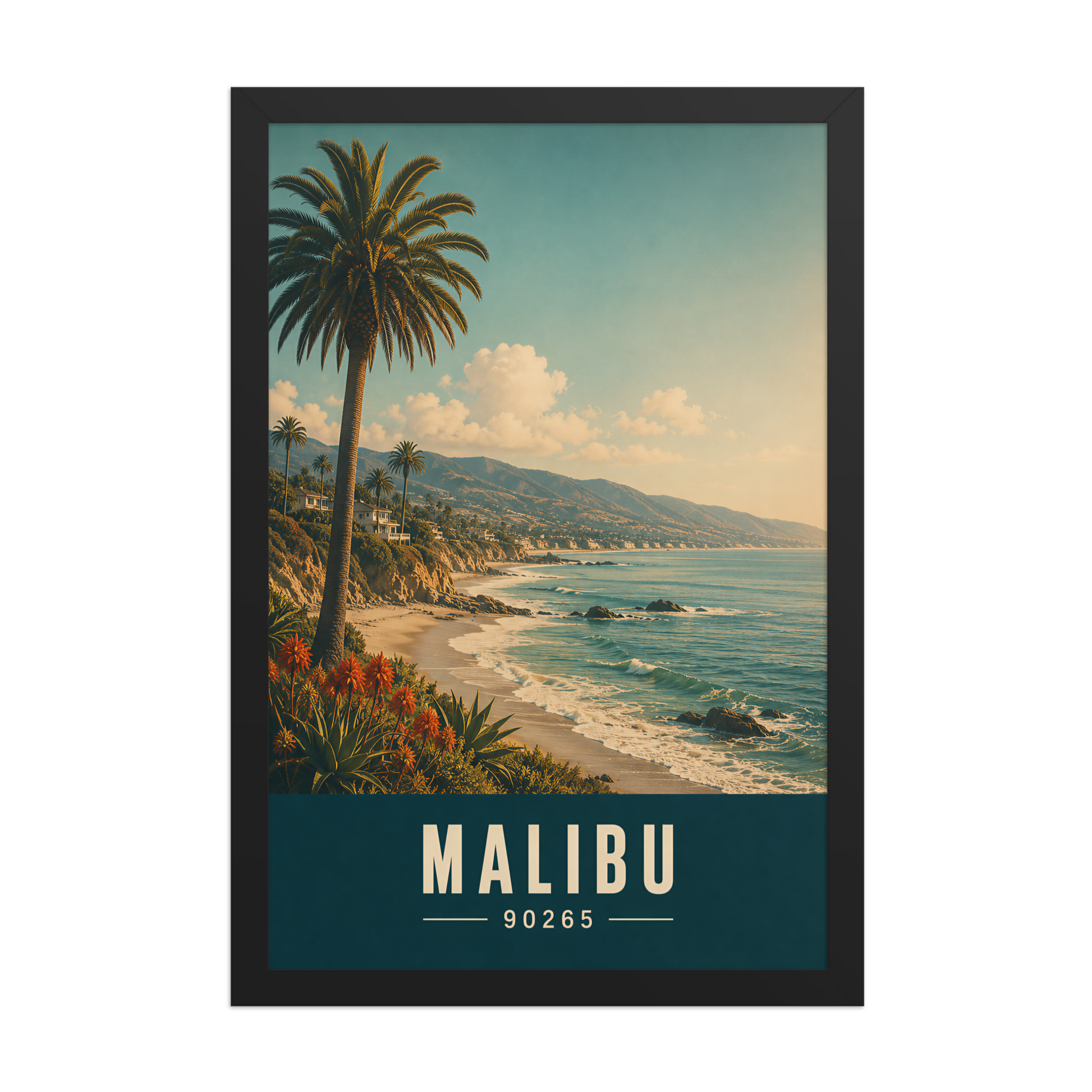 Framed Malibu California retro travel poster with 90265 zip code, coastal beach wall art