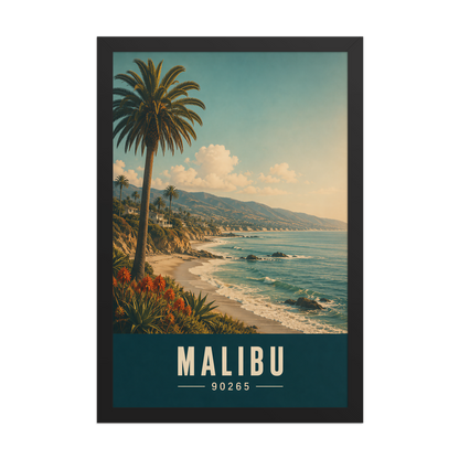 Framed Malibu California retro travel poster with 90265 zip code, coastal beach wall art