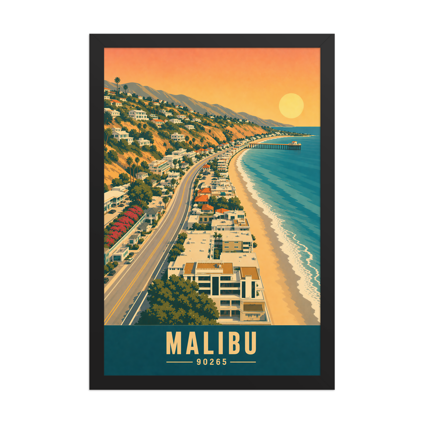 Framed aerial Malibu Pacific Coast Highway poster with 90265 zip code