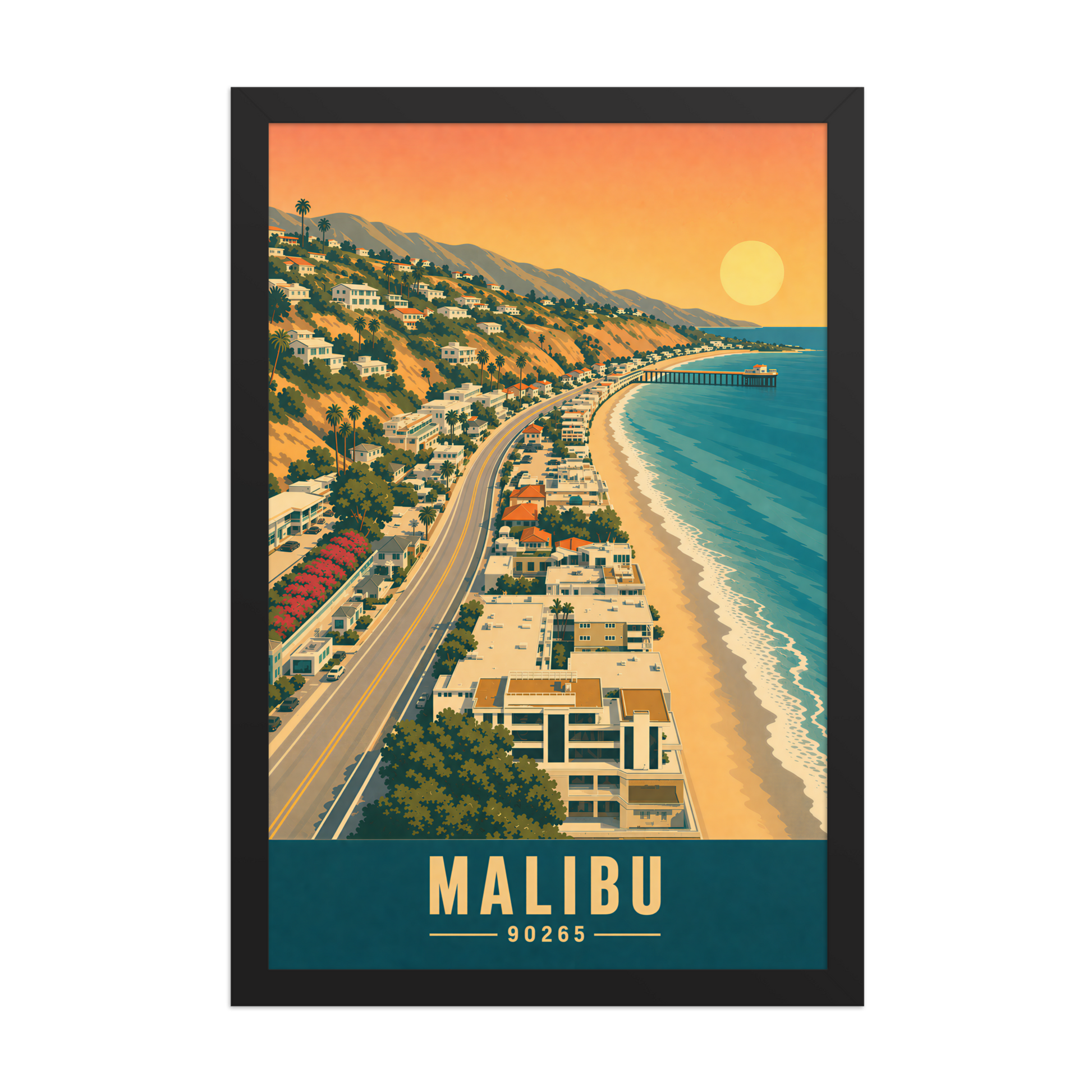 Framed aerial Malibu Pacific Coast Highway poster with 90265 zip code