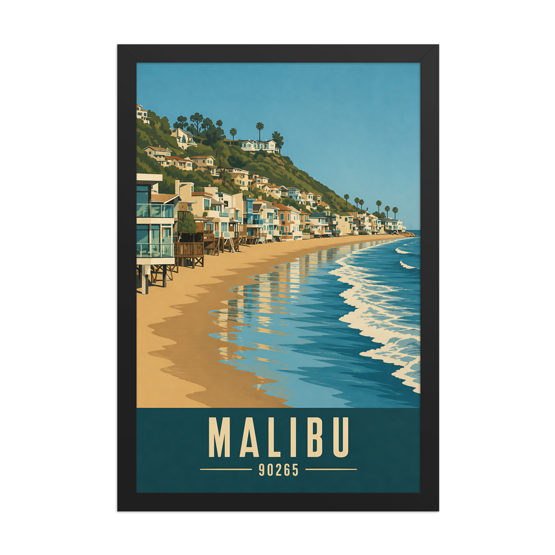 Framed Malibu beach house coastal poster with 90265 zip code