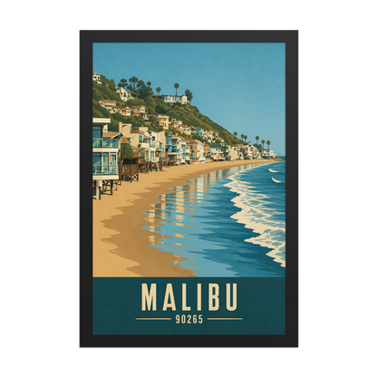 Framed Malibu beach house coastal poster with 90265 zip code