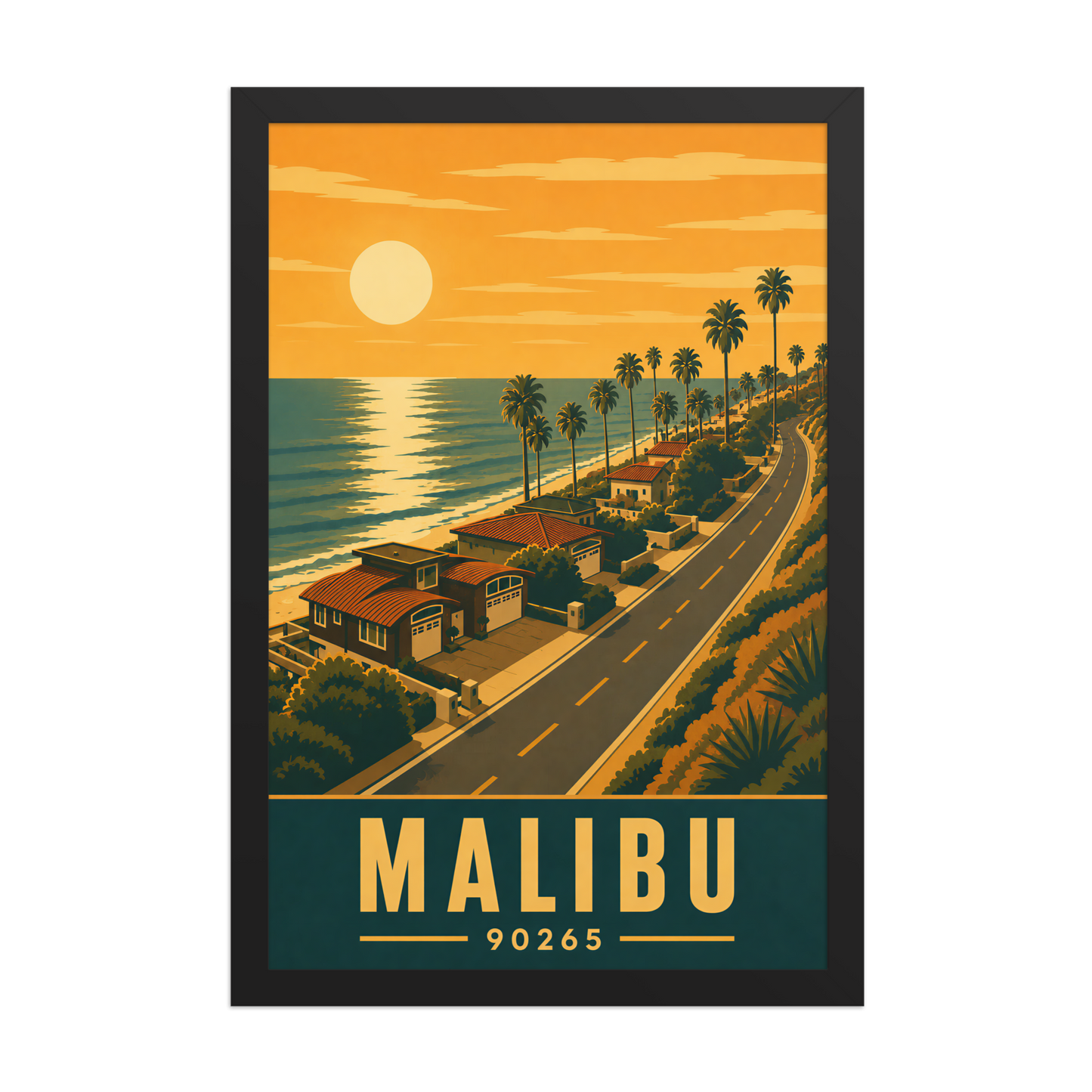 Framed Malibu palm-lined sunset coastal road poster with 90265 zip code