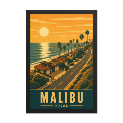 Framed Malibu palm-lined sunset coastal road poster with 90265 zip code