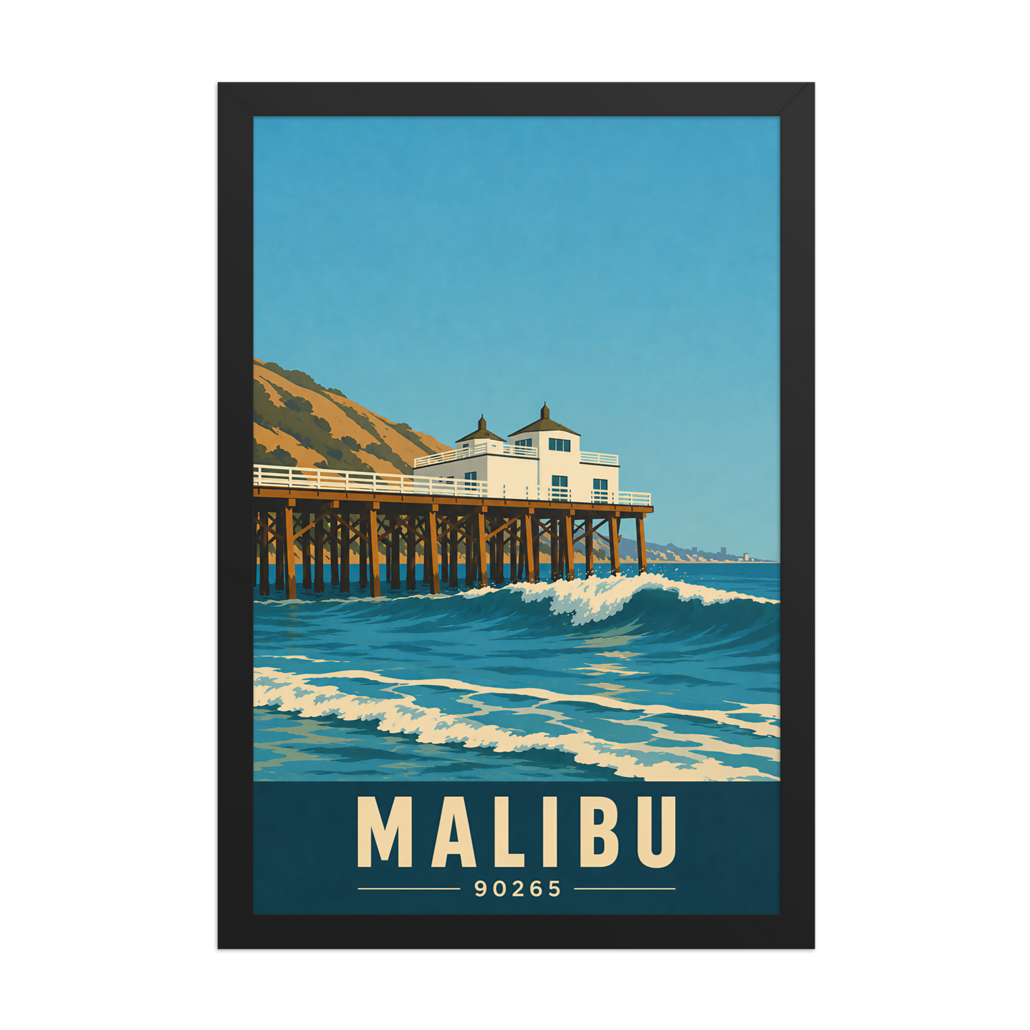 Framed Malibu oceanfront pier and waves poster with 90265 zip code
