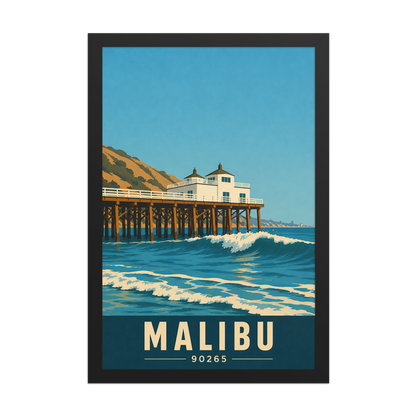Framed Malibu oceanfront pier and waves poster with 90265 zip code