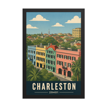 Framed Rainbow Row Charleston historic homes poster with 29401 zip code