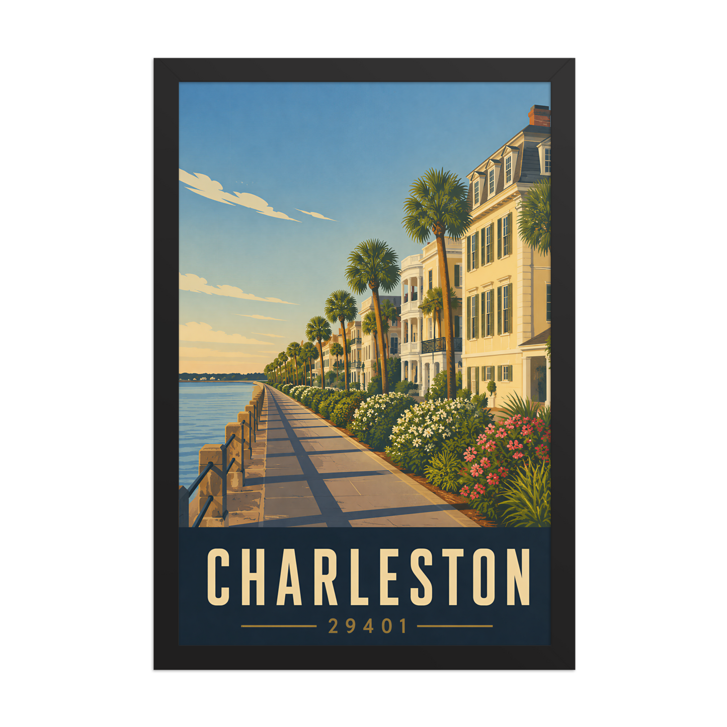 Framed Charleston The Battery waterfront poster with 29401 zip code