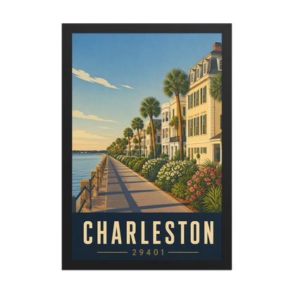 Framed Charleston The Battery waterfront poster with 29401 zip code