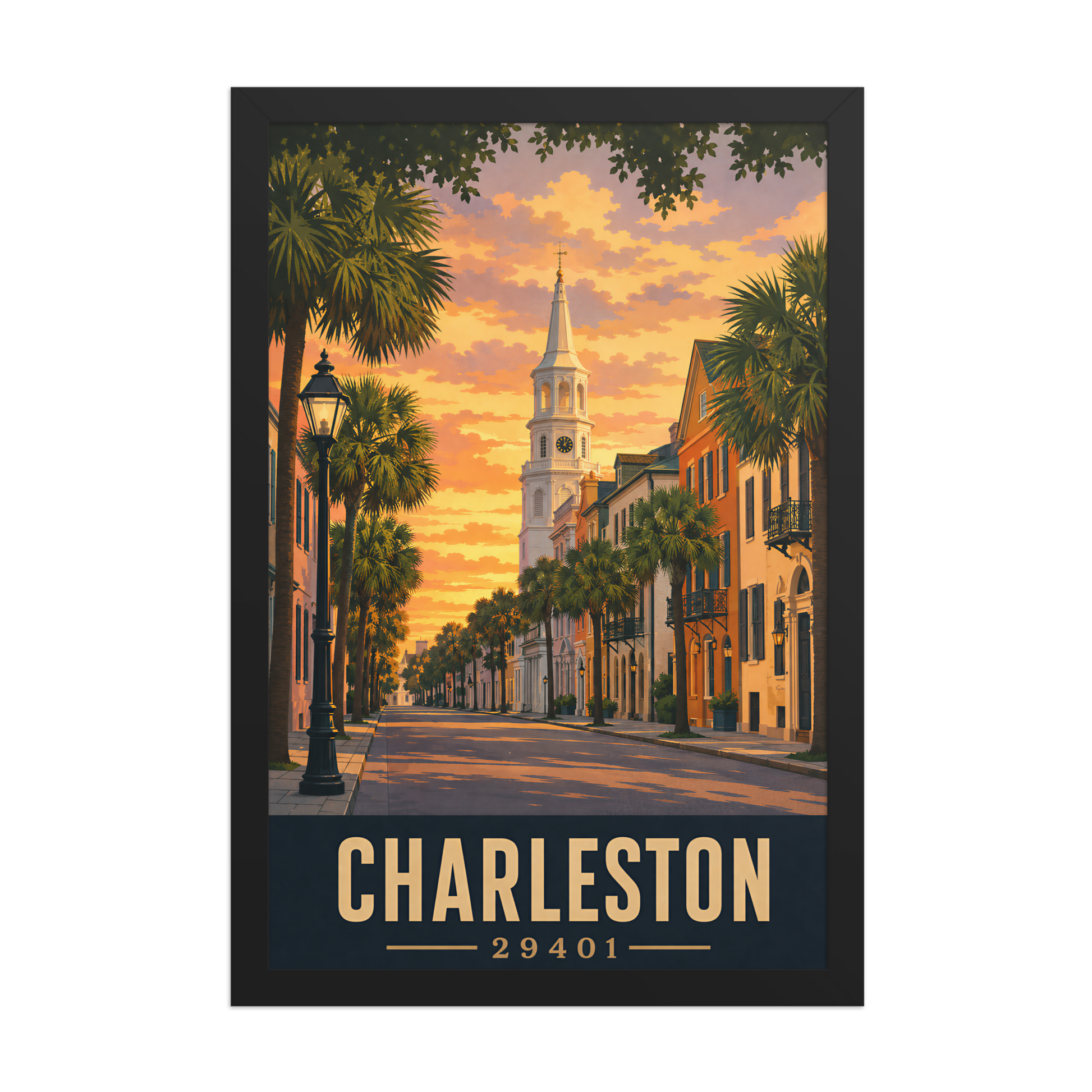 Framed Charleston church steeple sunset poster with 29401 zip code