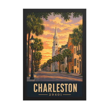 Framed Charleston church steeple sunset poster with 29401 zip code