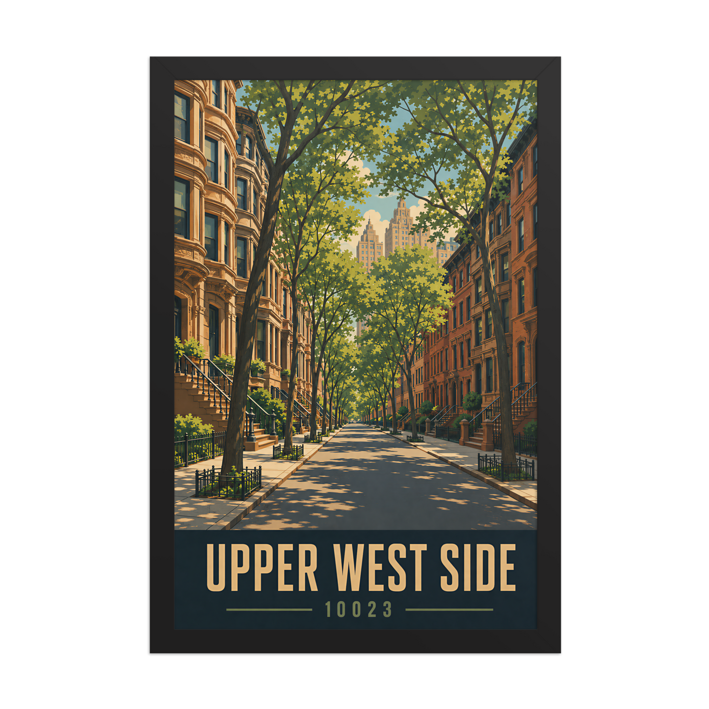 Framed Upper West Side brownstone street poster with 10023 zip code