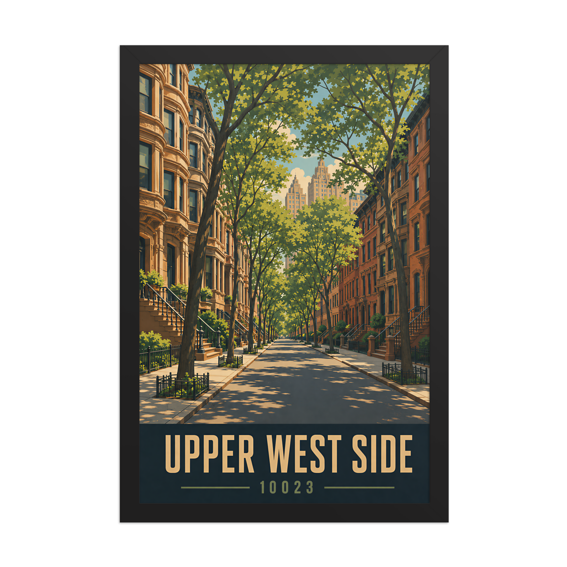 Framed Upper West Side brownstone street poster with 10023 zip code