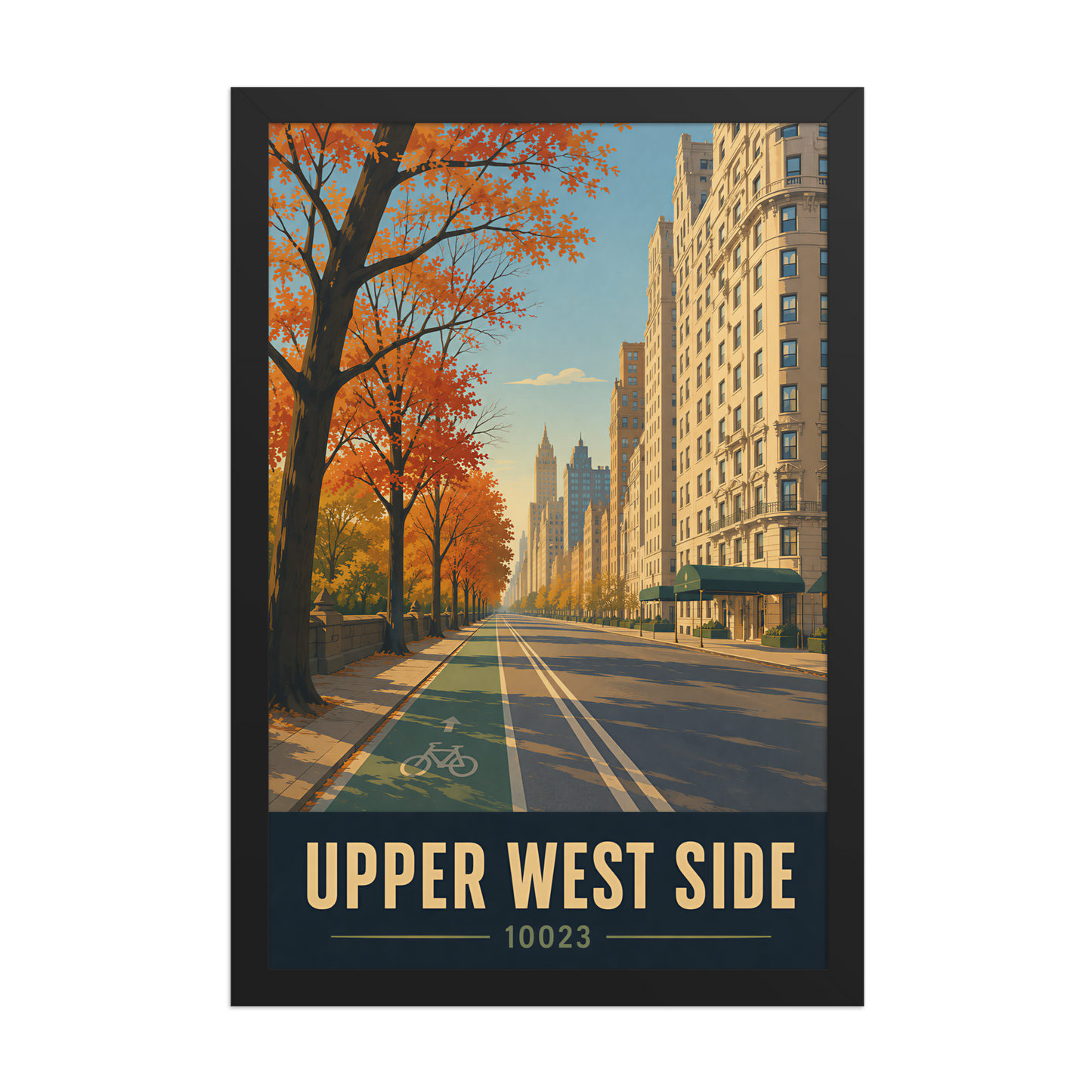 Framed Central Park West autumn poster with 10023 zip code