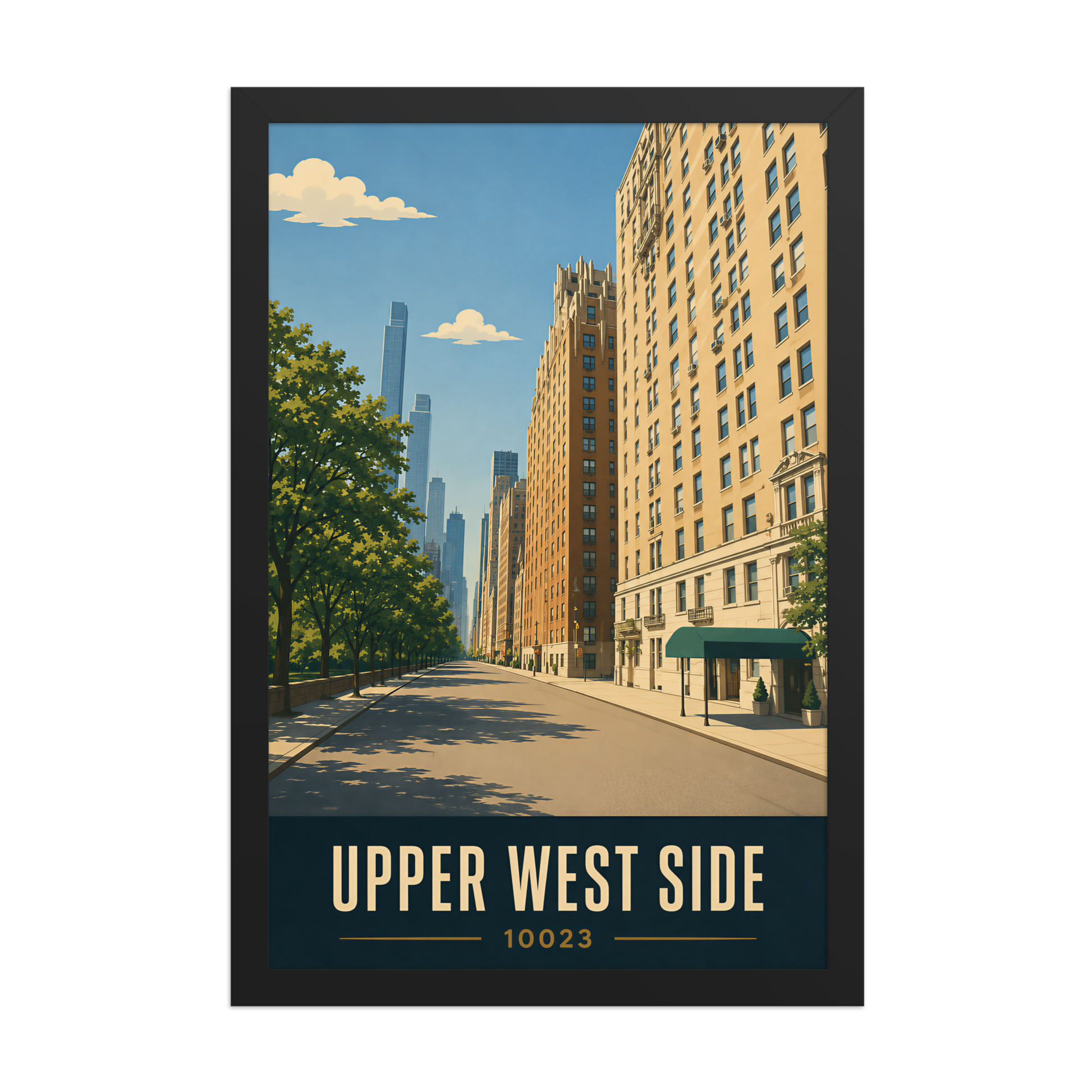 Framed Upper West Side Manhattan skyline street poster with 10023 zip code