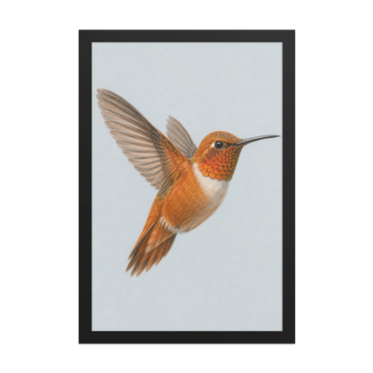 Framed Rufous hummingbird colored pencil illustration print on dusty blue pastel background, wood frame wall art