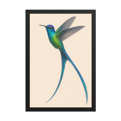 Framed Long-tailed Sylph hummingbird colored pencil illustration print, teal iridescent plumage on warm cream background, wood frame wall art