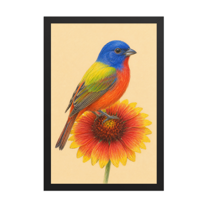 Framed Painted Bunting colored pencil illustration on Indian Blanket flower, wood frame wall art