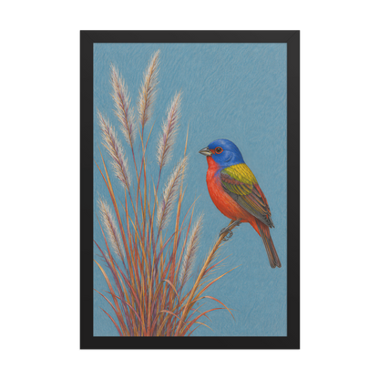 Framed Painted Bunting colored pencil illustration in prairie grass, dusty blue background, wood frame wall art