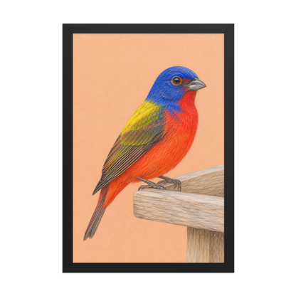 Framed Painted Bunting colored pencil illustration on wooden feeder, apricot background, wood frame wall art