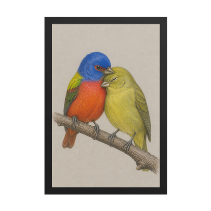 Framed male and female Painted Bunting pair colored pencil illustration, wood frame wall art