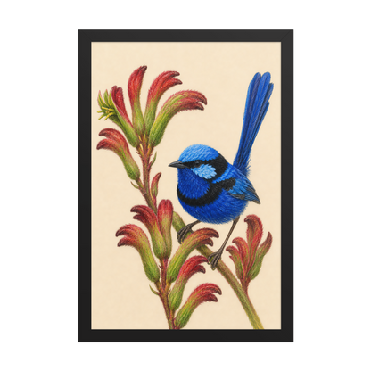 Framed Splendid Fairywren blue wren colored pencil illustration on Kangaroo Paw flowers, wood frame wall art