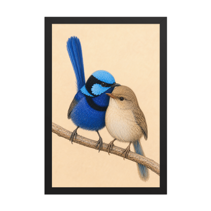 Framed male and female Splendid Fairywren blue wren pair colored pencil illustration, wood frame wall art