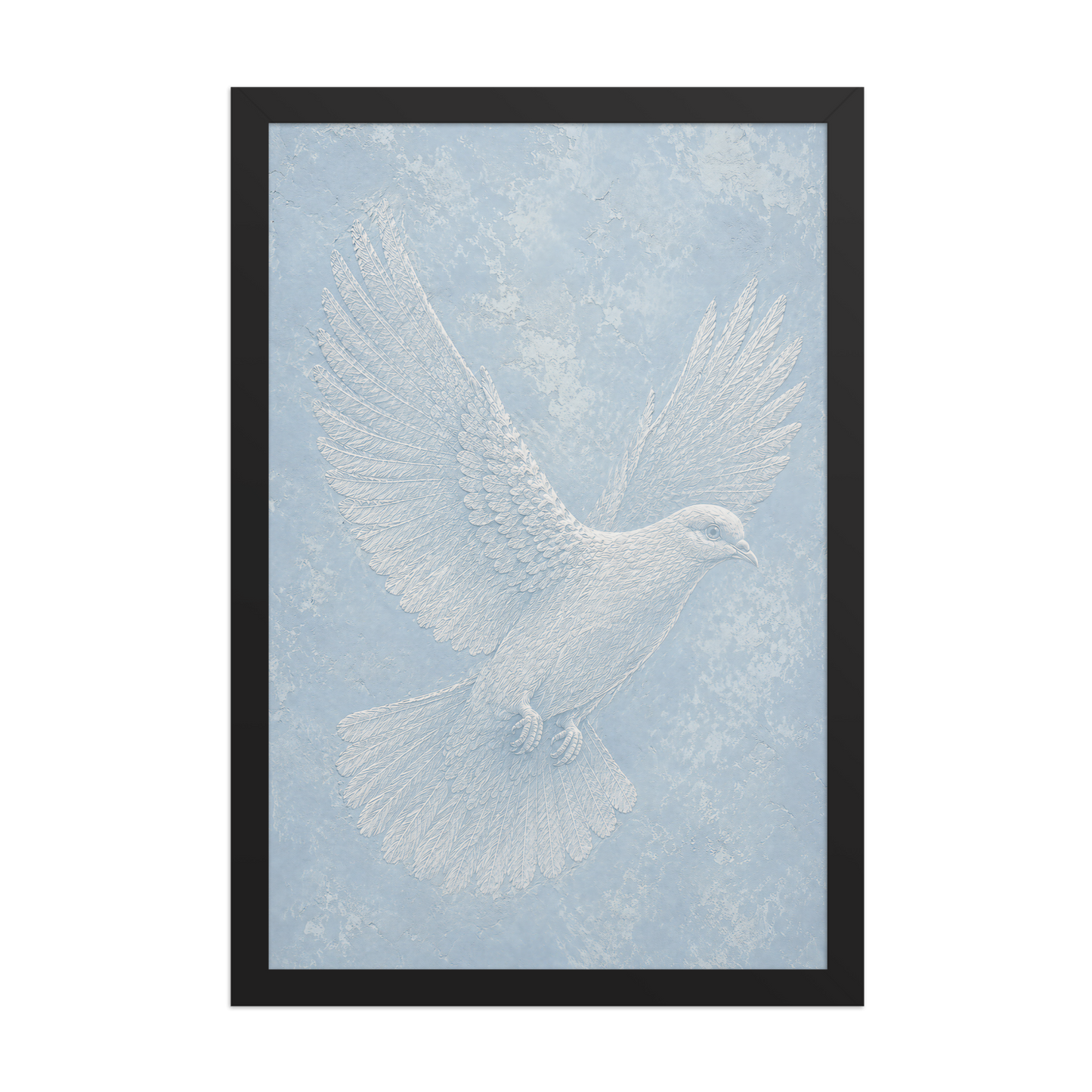 Framed peace dove print with embossed relief-look design on dusty blue textured background