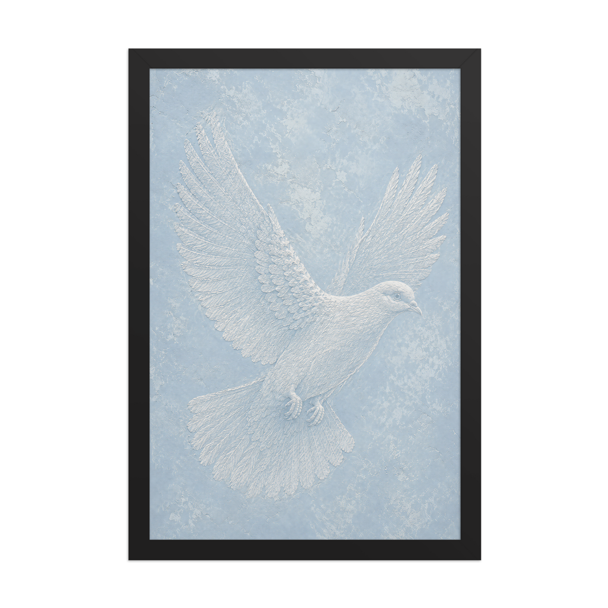 Framed peace dove print with embossed relief-look design on dusty blue textured background