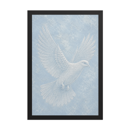 Framed peace dove print with embossed relief-look design on dusty blue textured background