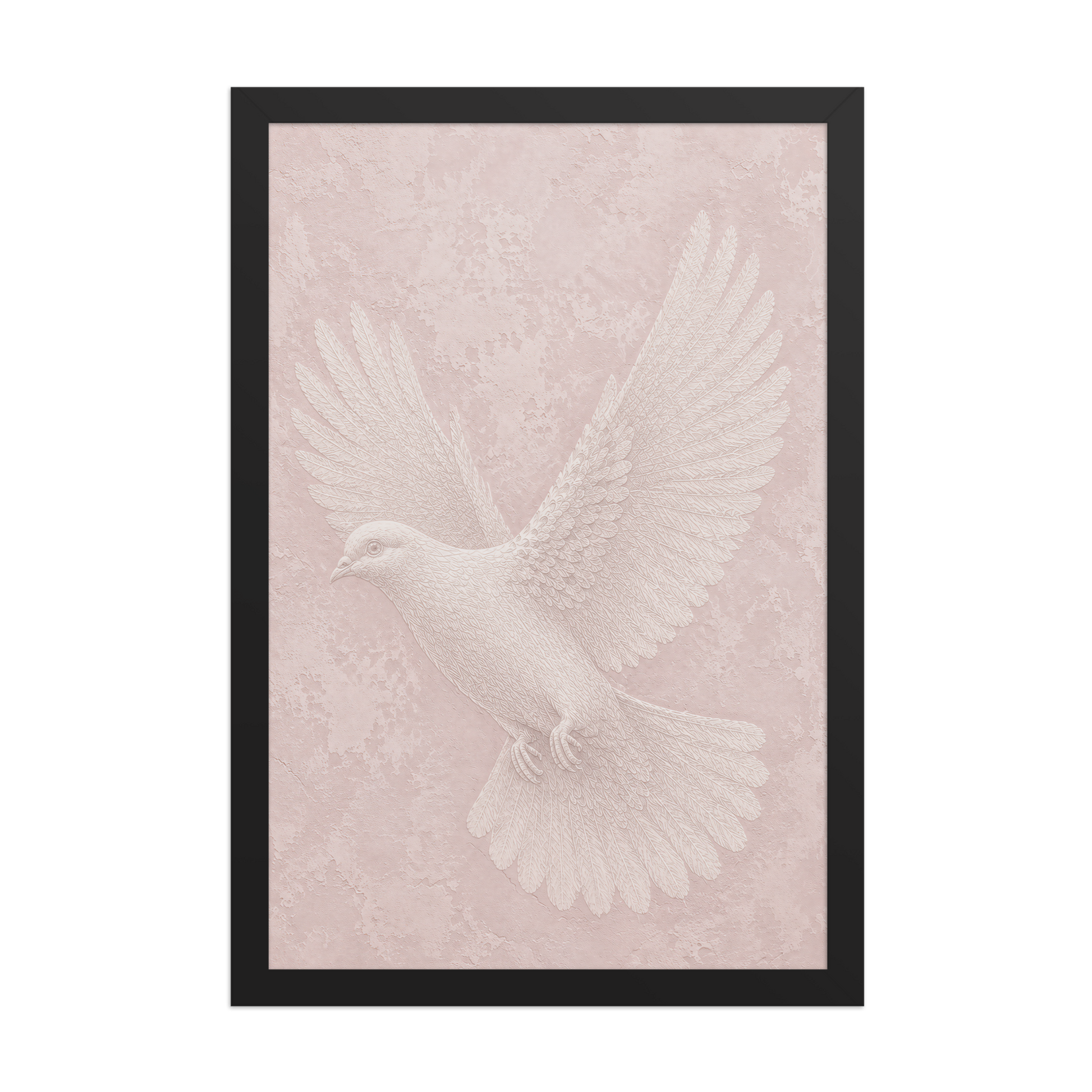 Framed peace dove print with embossed relief-look design on blush pink textured background
