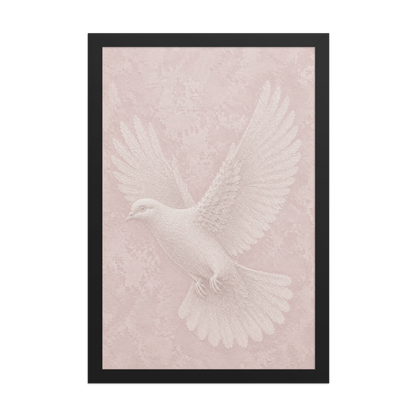 Framed peace dove print with embossed relief-look design on blush pink textured background